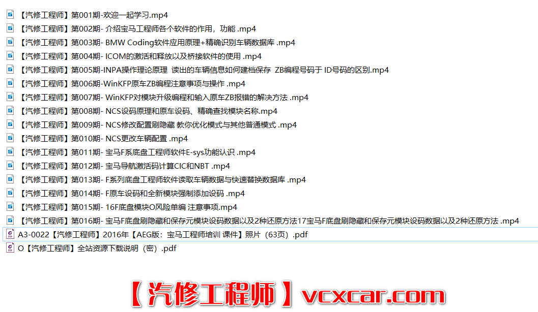 📂宝马BMW | 工程师教程 2016年 AEG版：宝马工程师培训 视频+课件 EasKFP WinKFP INPA NCS E-sys Tool32编程设码16节（1.7G）