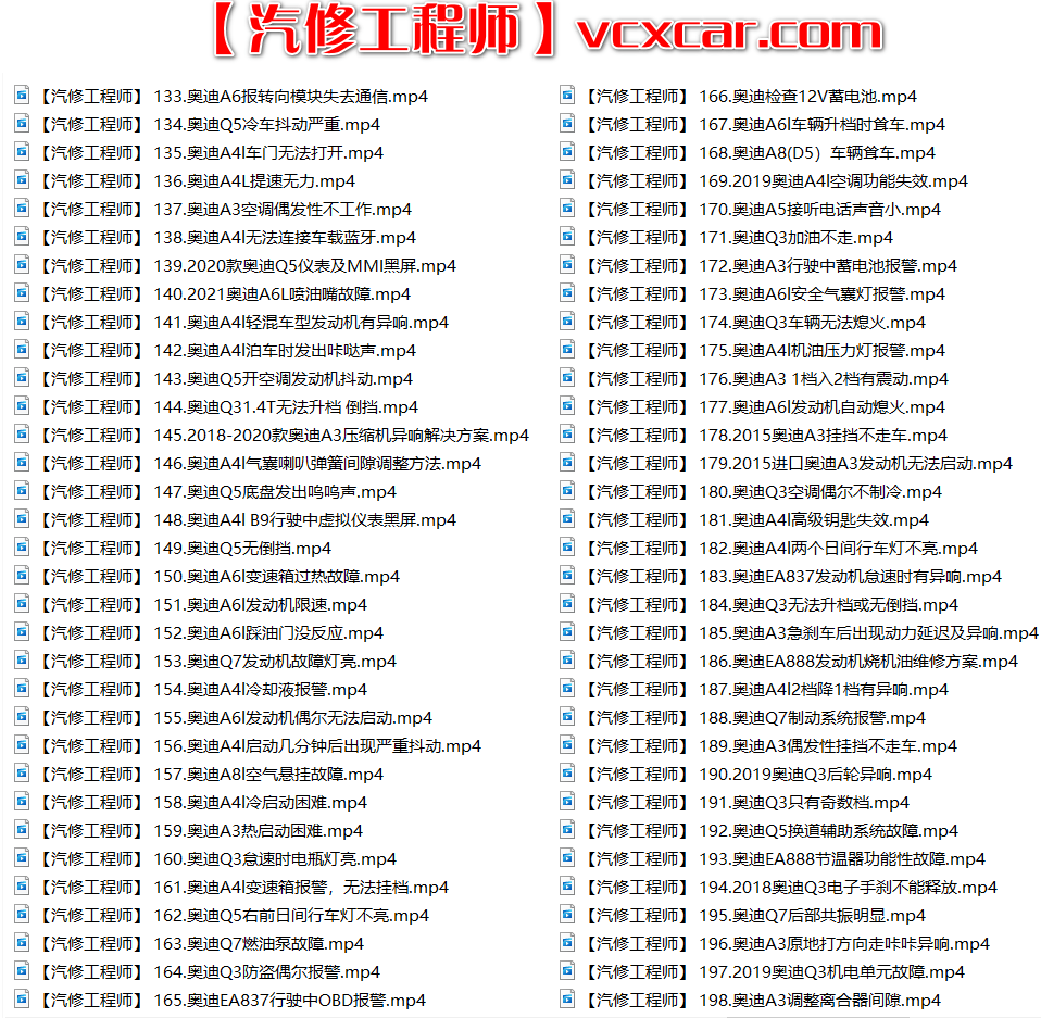 📂奥迪 | Audi 2022年 最新精选各类疑难故障 维修视频教程 解决方案和分析方法 汇总 300集 (10.3G)