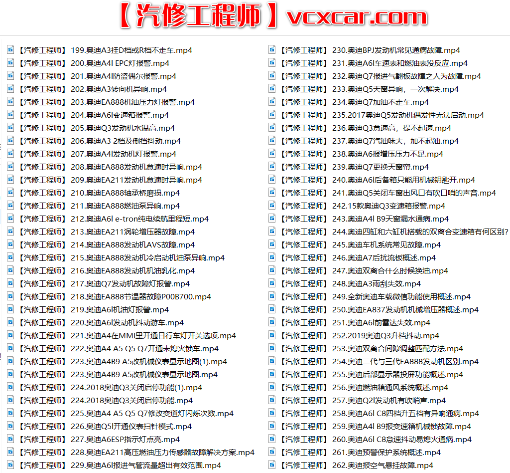 📂奥迪 | Audi 2022年 最新精选各类疑难故障 维修视频教程 解决方案和分析方法 汇总 300集 (10.3G)