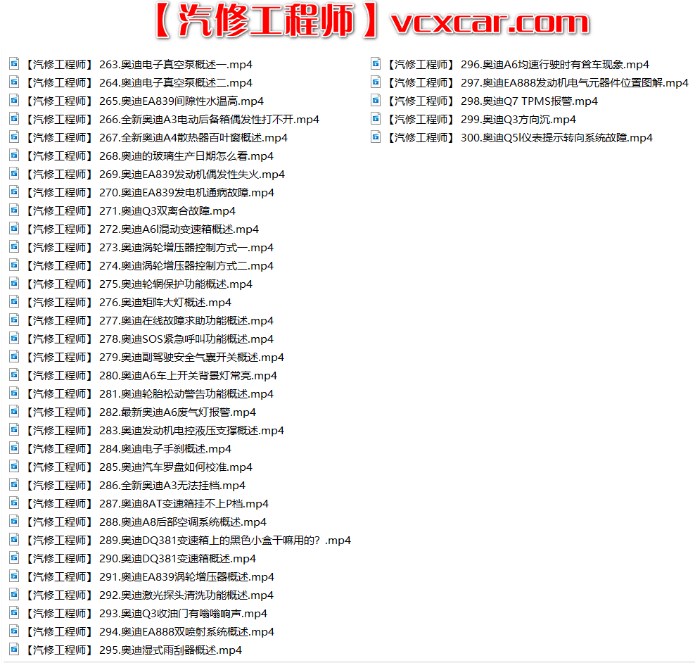 📂奥迪 | Audi 2022年 最新精选各类疑难故障 维修视频教程 解决方案和分析方法 汇总 300集 (10.3G)