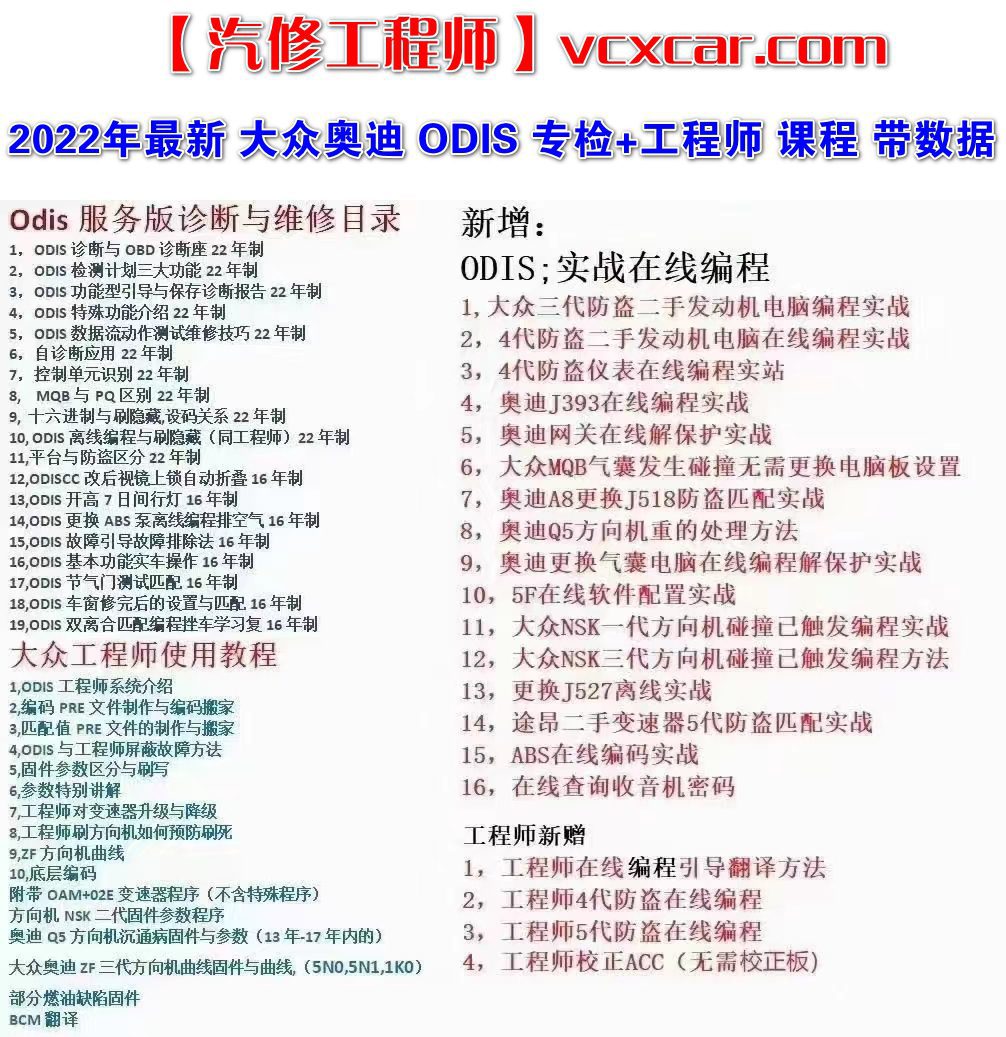 📂大众奥迪 | 工程师课程 2022年最新 ODIS专检+工程师 编程设码实战 视频教程课程含数据【带2022工程师固件90G】