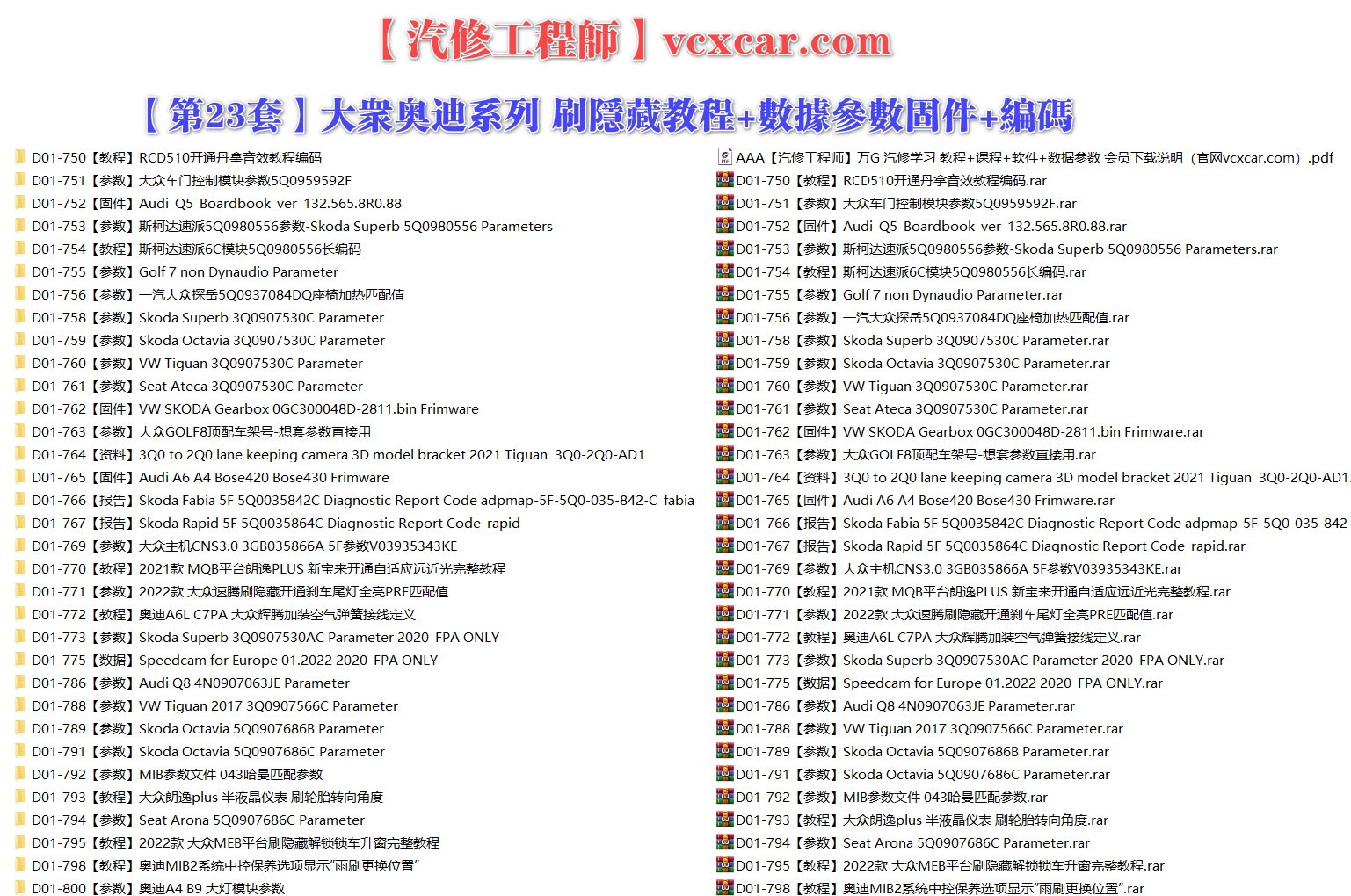 🟥[SVIP·专享] 大众奥迪 |【第23套】刷隐藏教程+数据参数固件+编码匹配+升级改装 [2022款MEB解锁锁车 2022速腾刹车尾灯 5Q0参数 矩阵大灯 刷轮胎转向角度 座椅加热 丹拿音效 控制模块 哈曼匹配参数](33份)