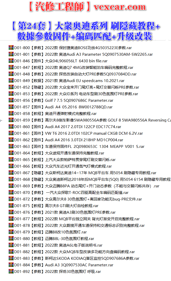 🟥[SVIP·专享] 大众奥迪 |【第24套】刷隐藏教程+数据参数固件+编码匹配+升级改装 [2022款 保时捷功放参数 改装智能泊车编码 5Q0参数3Q0参数 盲区监控 四驱编码 贯穿尾灯 电动氛围灯 弹射模式](35份)
