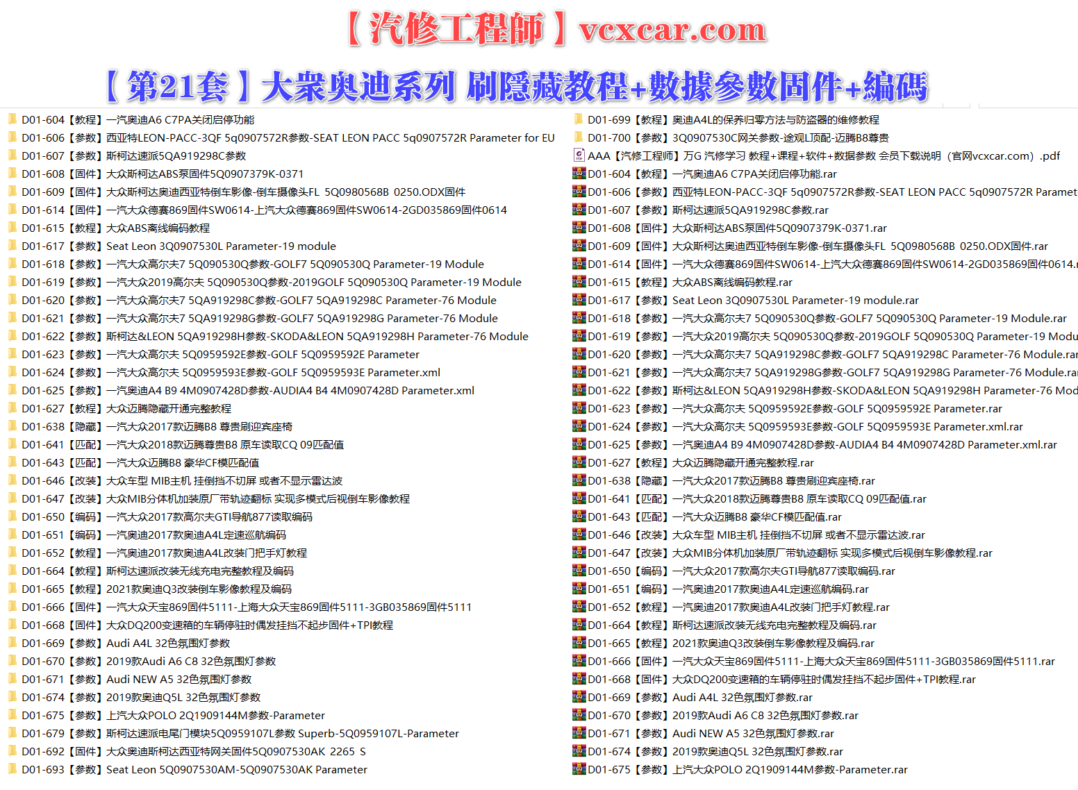 🟥[SVIP·专享] 大众奥迪 |【第21套】刷隐藏教程+数据参数固件+编码匹配+升级改装 [5QA参数5Q0参数 关闭启停 ABS泵固件 倒车影像 离线编码 迎宾座椅 定速巡航 32色氛围灯 网关固件 防盗器](40份)