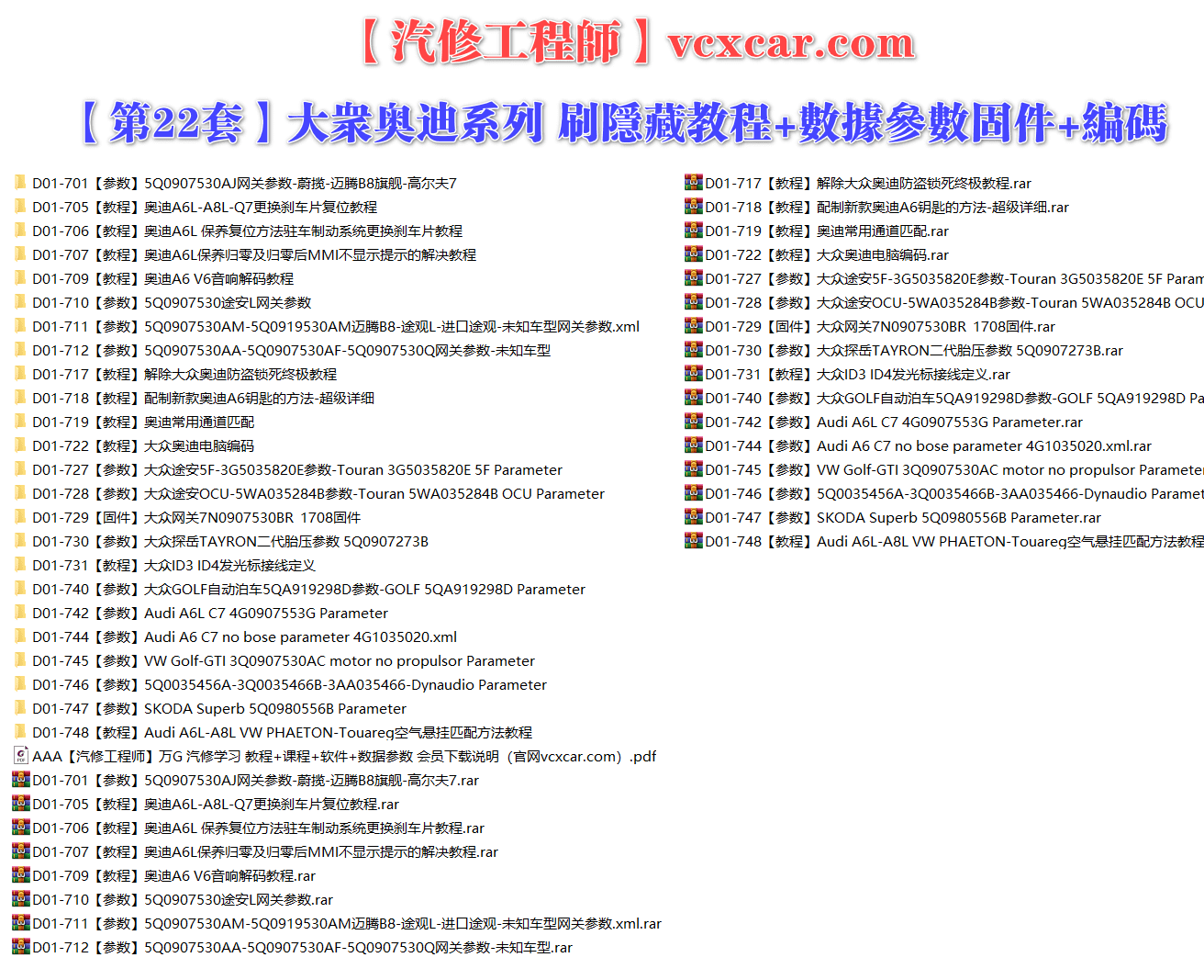 🟥[SVIP·专享] 大众奥迪 |【第22套】刷隐藏教程+数据参数固件+编码匹配+升级改装 [5Q0参数 音响解码 防盗锁死 通道匹配 配置新款钥匙 新款电脑编码 空气悬挂](25份)