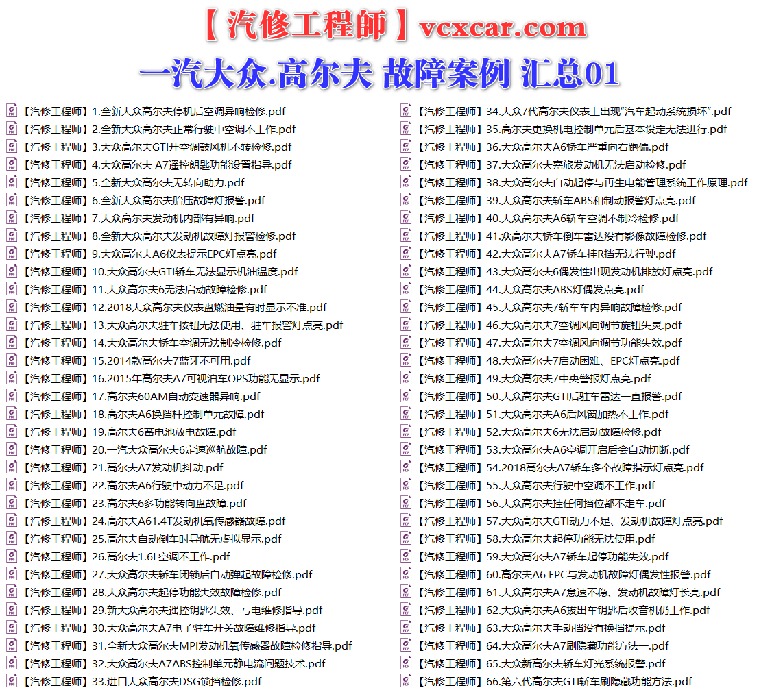 ✅[Free.免费] 一汽大众.高尔夫Golf | 常见经典 原厂维修案例 故障案例 01（180份）