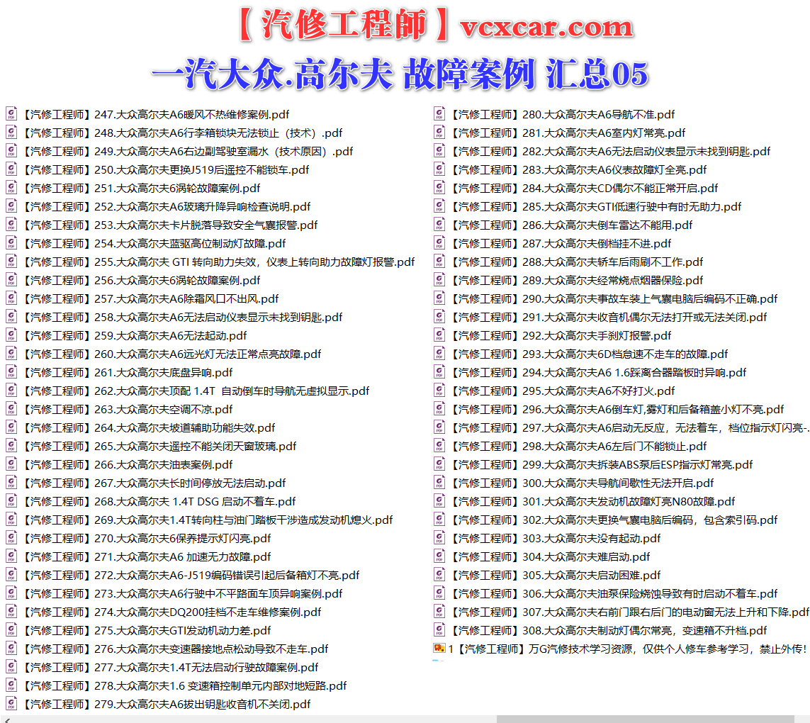 ✅[Free.免费] 一汽大众.高尔夫Golf | 常见经典 原厂维修案例 故障案例 02（128份）