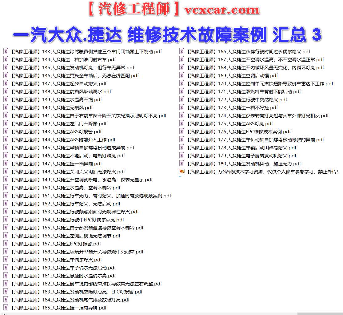 ✅[Free.免费] 一汽大众.捷达Jetta | 常见经典 原厂维修案例 故障案例 01（180份）