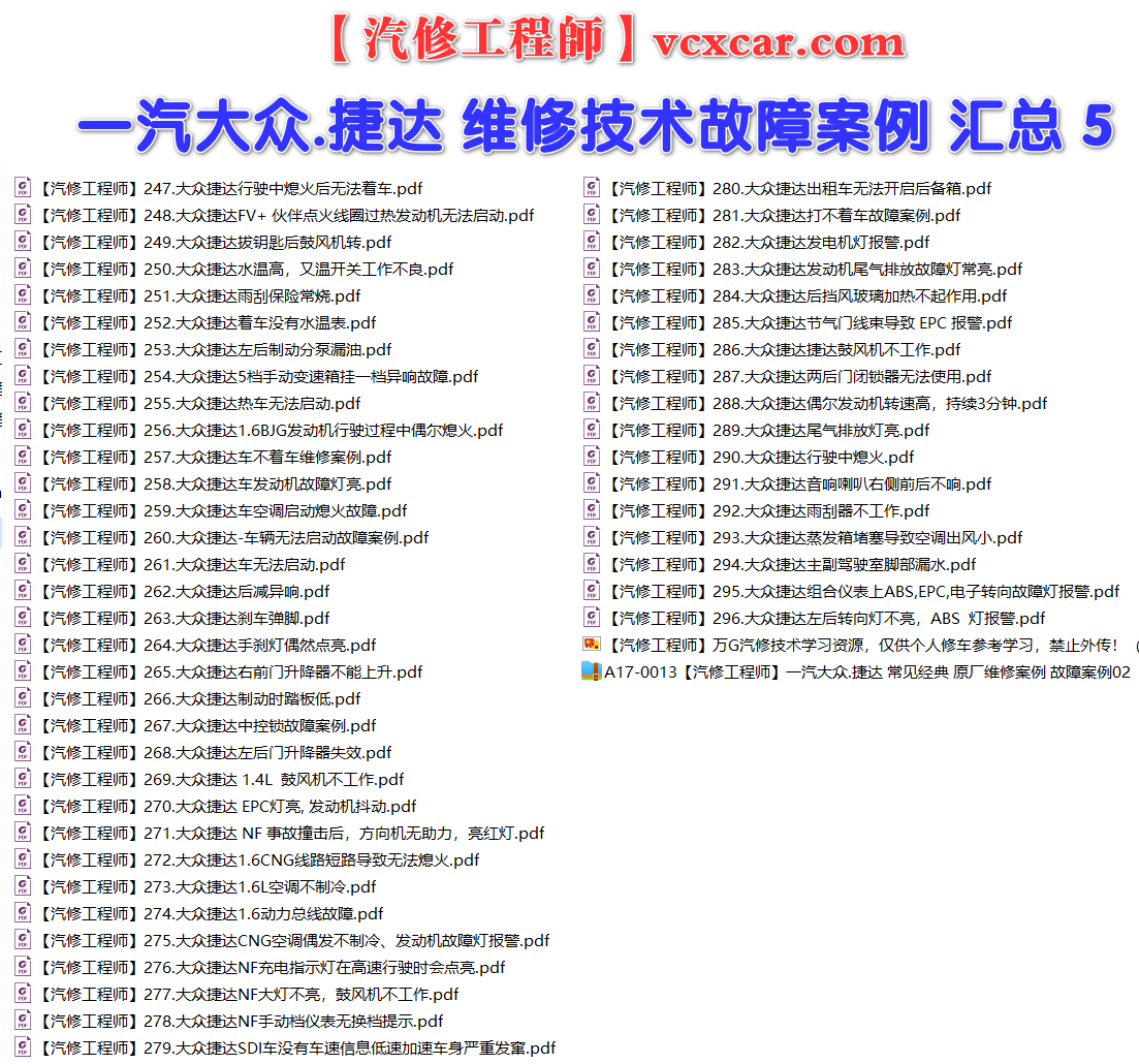✅[Free.免费] 一汽大众.捷达Jetta | 常见经典 原厂维修案例 故障案例 02（116份）