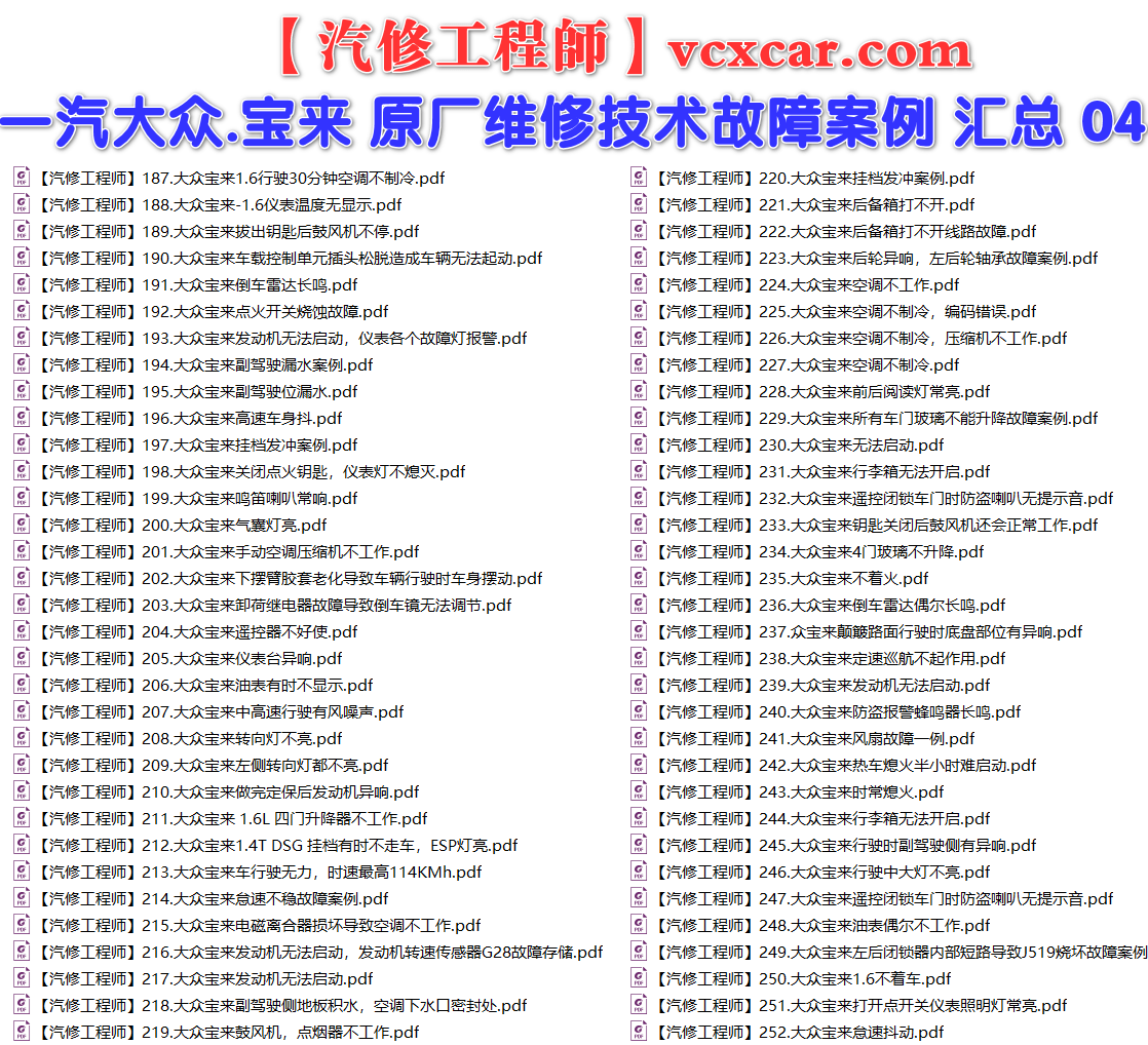 ✅[Free.免费] 一汽大众.宝来BORA | 常见经典 原厂维修案例 故障案例 02（185份）