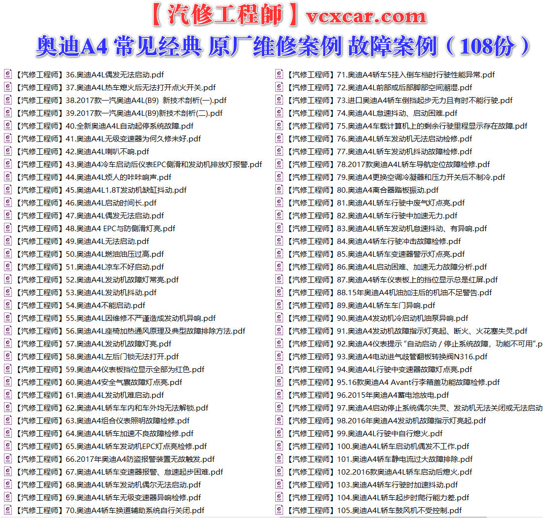 ✅[Free.免费] 奥迪Audi | A4 常见经典 原厂维修案例 故障案例（108份）