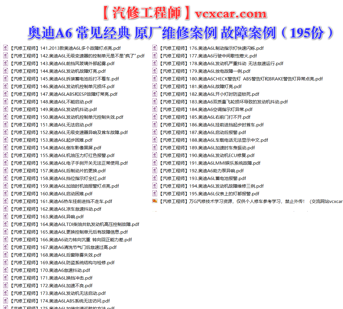✅[Free.免费] 奥迪Audi | A6 常见经典 原厂维修案例 故障案例（195份）