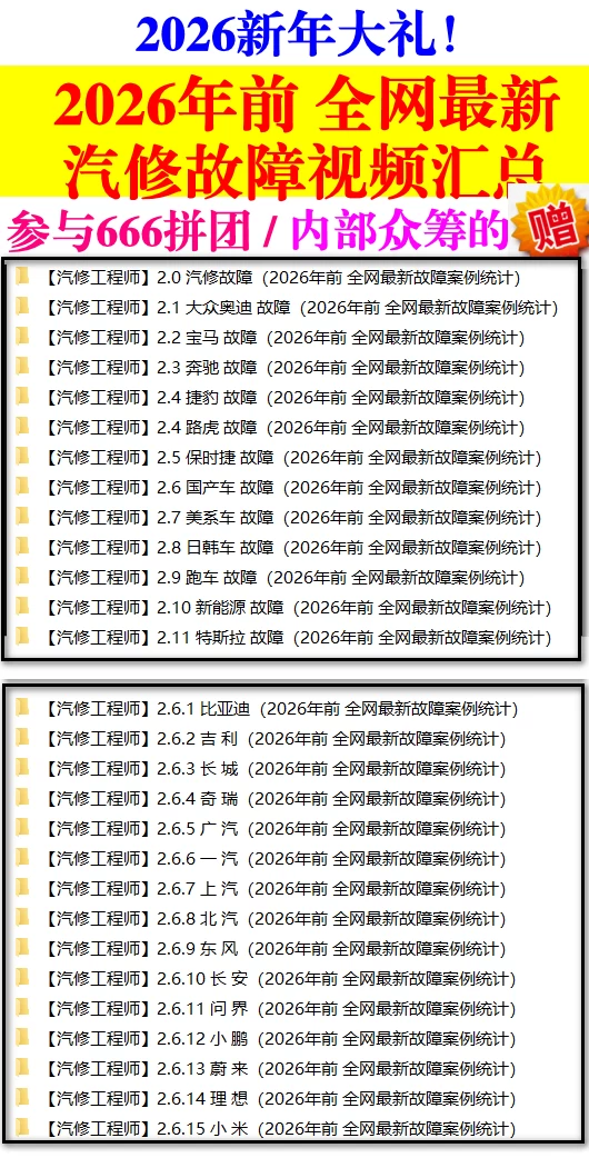 🟥[SVIP·活动赠品] 2026.1：全网各大汽车视频故障案例汇总精选！666永久VIP/第五季众筹送（统一发放）