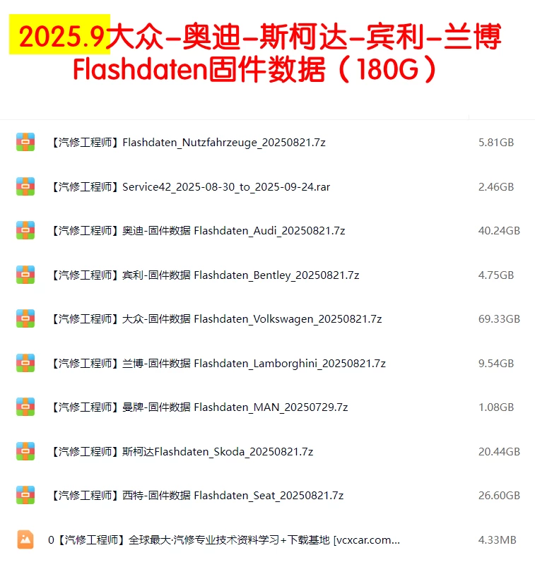 📂大众奥迪 | Flashdaten 2025.9大众-奥迪-斯柯达-宾利-兰博-西特工程师离线数据 汽车电脑模块固件数据(VW Audi Skoda -Bentley)sgo frf (180G)