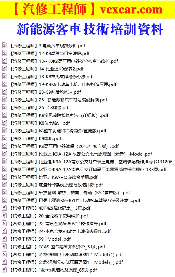 📂新能源 | 客车 原厂技术培训5：比亚迪+海格+南京金龙 结构原理图+故障+维护（500M）
