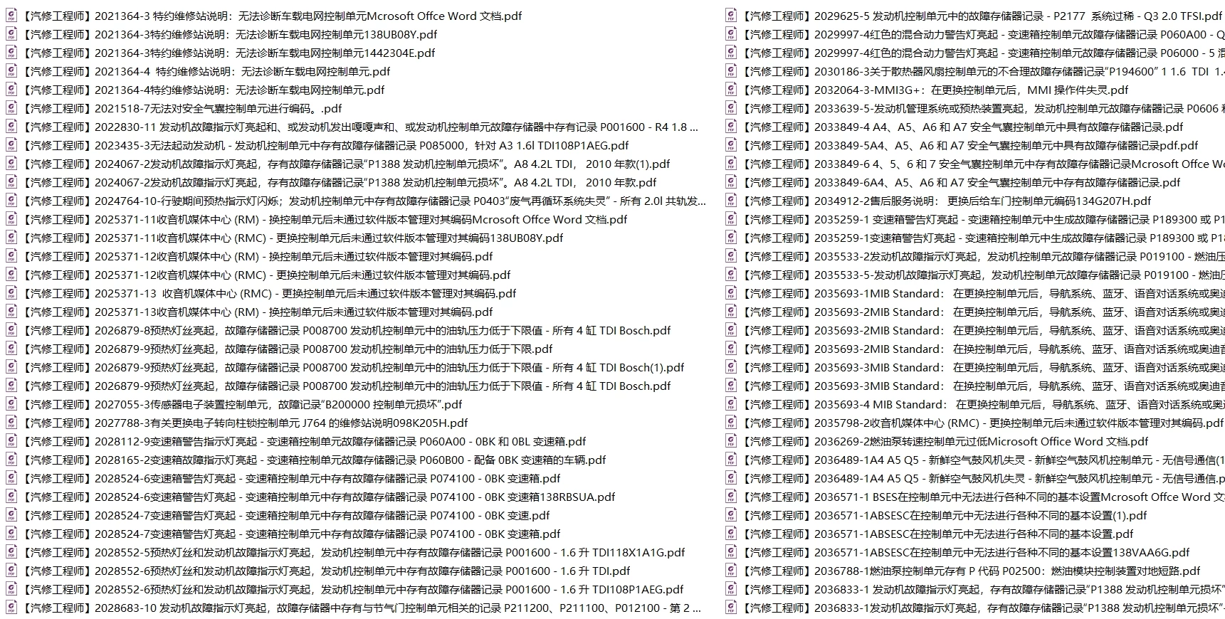 📂大众奥迪 | 原厂 2020年前 控制单元 内部技术资料 技术培训 维修资料 故障案例 诊断报告（880份 2.3G）